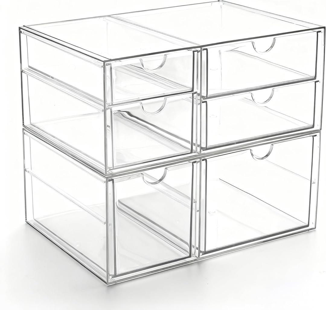 Prsildan Acrylic Drawer Makeup Organizer with 6 Drawers (Not for Baby Bottle), Set of 2 Office Desk Organizers Accessories, Clear Stackable Storage Drawers for Vanity, Craft (Largest Drawer 4" Tall)