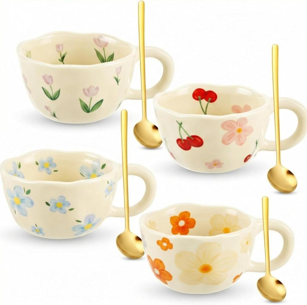 Vesici 4 Pack Ceramic Flower Coffee Mug Set 8.5 oz, Vintage Floral Cute Coffee Cups for Spring, Porcelain Latte Tea Mugs for Women Gifts, Dishwasher Microwave Safe