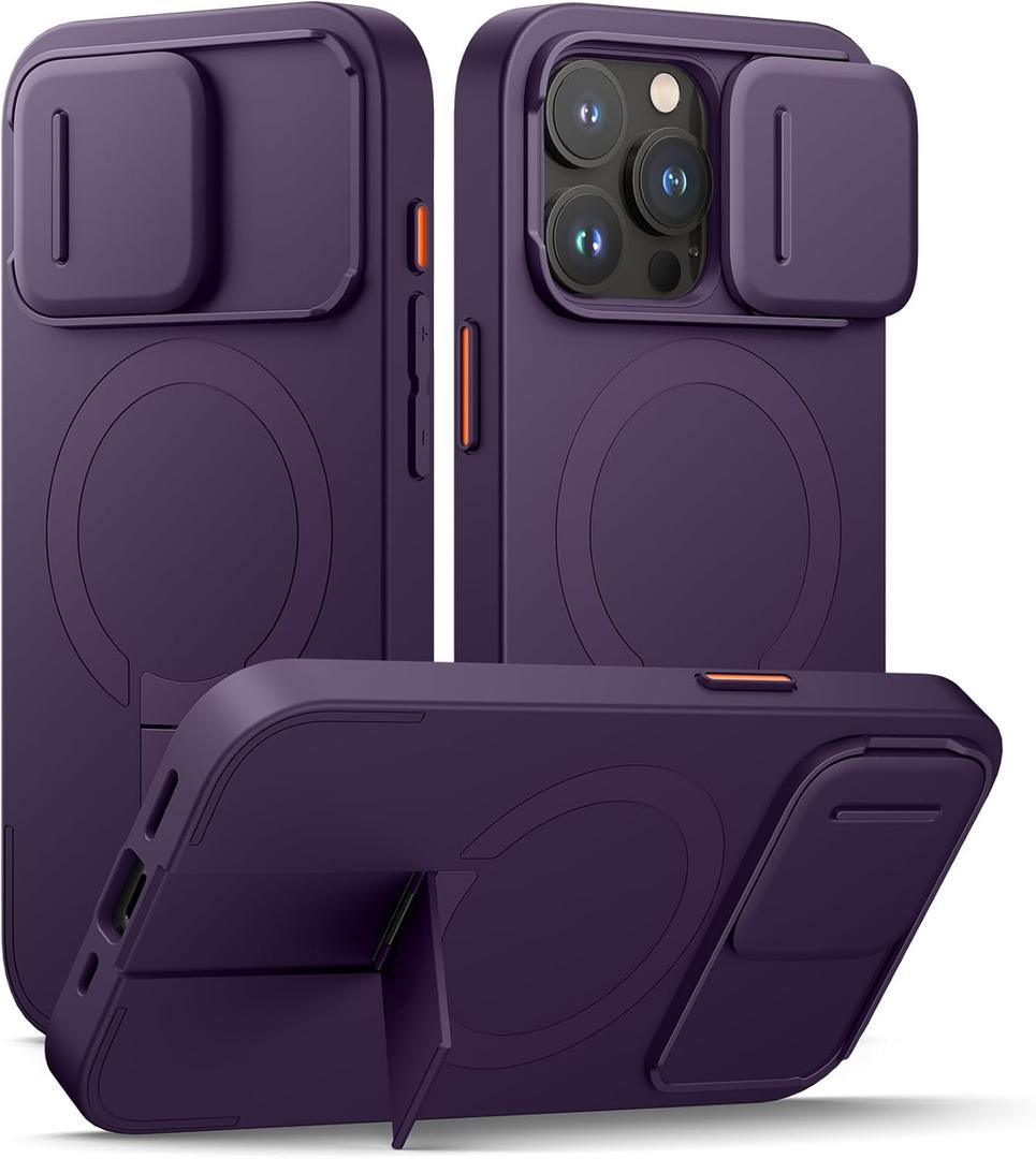SURITCH for iPhone 15 Pro Case with Magnetic Camera Slide Cover and Adjustable Kickstand, Compatible with MagSafe, Shockproof Bumper Case Slim Protective Cover 6.1 Inch, Dark Purple