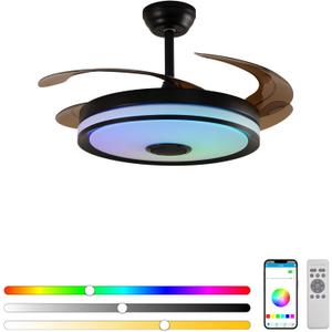 48 Inch Retractable Ceiling Fan with Lights,Speaker, RGB Lighting, Remote Control, 6-Speed Dimmable and Reversible, Ideal for Living Room and Bedroom (Black+White)