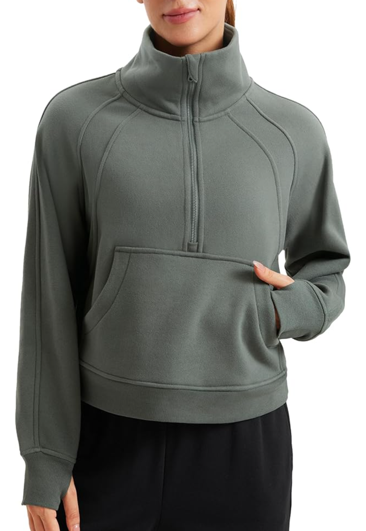 Womens Fleece Lined Half Zipper Sweatshirts Funnel Neck Long Sleeve Oversized Pullover Hoodies with Thumb Holes XL