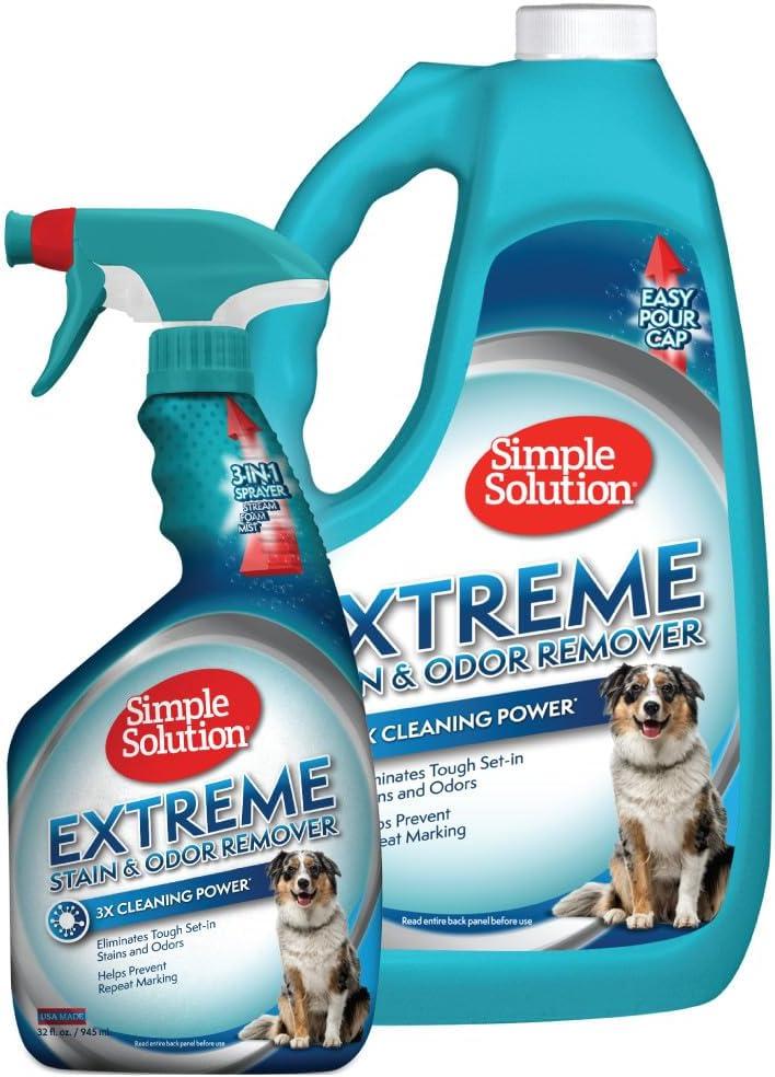 Simple Solution Extreme Pet Stain and Odor Eliminator Spray, Pee Stain Remover, Enzyme Cleaner, 3X Pro-Bacteria Cleaning Power, Dog Odor Remover, 32 oz and Gallon (160 Fl Oz (Pack of 2))