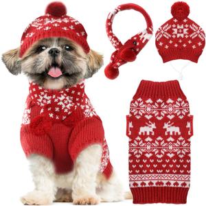 Dog Christmas Outfit 3 PCS Set Pet Xmas Sweater Hat Scarf Snowflake Christmas Dog Cat Sweaters Costume Winter Warm Small Dogs Clothes New Year Holiday Puppy Clothing (Scarf + Hat + Sweater,M)