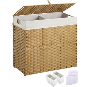 Greenstell Laundry Hamper with lid, No Install Needed, 130L Wicker Laundry Baskets Foldable 2 Removable Liner Bags, 2 Section Clothes Hamper Handwoven Rattan Laundry Basket with Handles, Natural