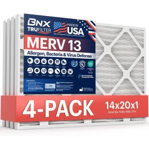 BNX TruFilter 14x20x1 Air Filter MERV 13 (4-Pack) - MADE IN USA - Electrostatic Pleated Air Conditioner HVAC AC Furnace Filters for Allergies, Pollen, Mold, Bacteria, Smoke, Allergen, MPR 1900 FPR 10