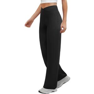 Wide Leg Pants Woman Crossover Yoga Pants with Pockets Loose Stretchy Work Dress Pants Casual Lounge Sweatpants (Large, Black)