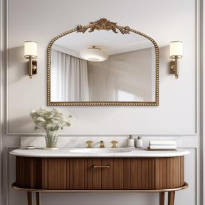 Baroque Arch Mirror for Living Room Wall, 36" X 30" Antique Gold Traditional Cathedral Ornate Beaded Arched Frame Decorative Vanity Mirrors for Mantel Fireplace, Bathroom, Bedroom Decor (30"L x 36"W)