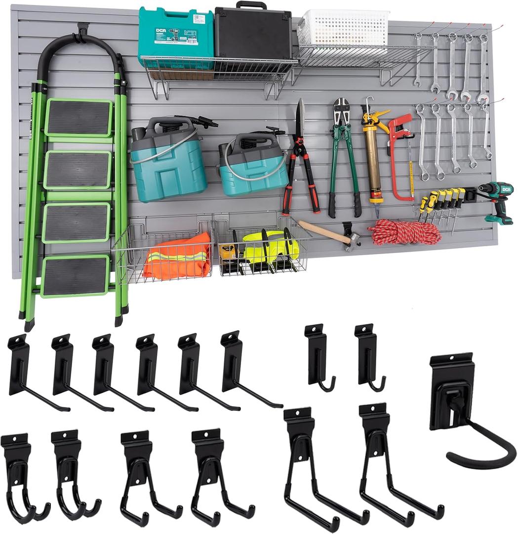 FRAYSCENT Slat Wall Paneling Garage Slat Wall Storage Systems Slatwall Panels Power Tool Organizer Wall Mount, PVC Garage Storage & Organization Products Slate Board (Grey, 4ft x 8ft with 15 Hooks)