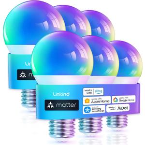 Linkind Matter Smart Light Bulb, WiFi Smart Bulbs, Work with Apple Home, Siri, Alexa, Google, SmartThings, RGBTW Color Changing Bulbs Mood Lighting, Music Sync, A19 E26 60W, 2.4Ghz WiFi 6 Pack