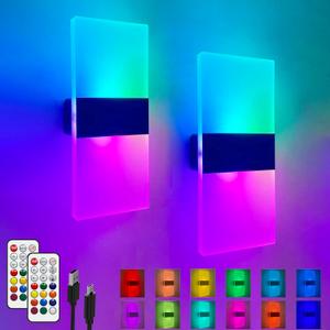 Rechargeable RGB Wall Sconces with Remote Control, Battery Operated - 12 Colors Dimmable Wireless Wall Lamp 2 Pack