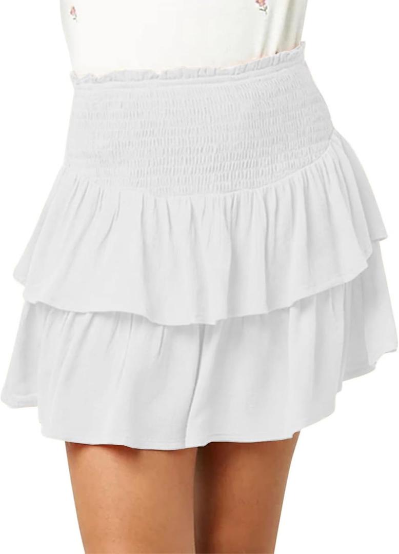 CharmWM Girls Mini Skirts Cute High Elastic Waisted Tiered Smocked Ruffle High Waisted Short Skirt with Shorts Underneath Size 9-10 Years White