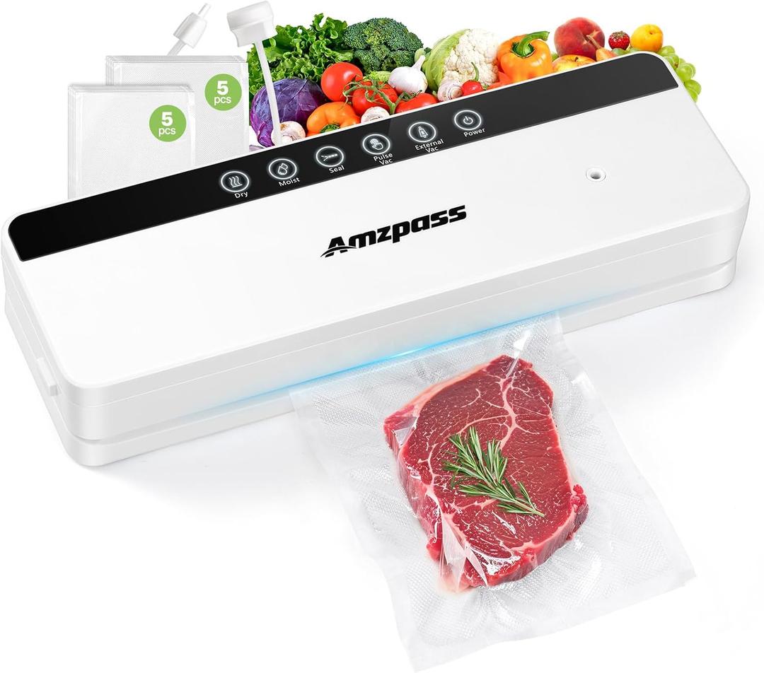 Vacuum Sealer for Food, 6-in-1 Food Vacuum Sealer Machine, 80kpa Suction Power Food Sealer Vacuum Sealer, Compact Vacuum Sealers with 10 Vacuum Bags, External VAC for Jars & Containers, White