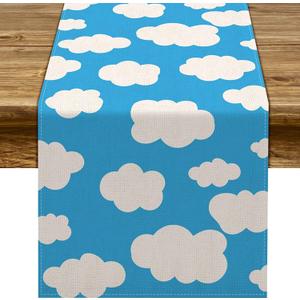 Sunwer Blue Sky White Cloud Table Runner Cartoon Story Themed Birthday Party Decoration Home Kitchen Dining Room Decor 90Inches Long (13" x 90")