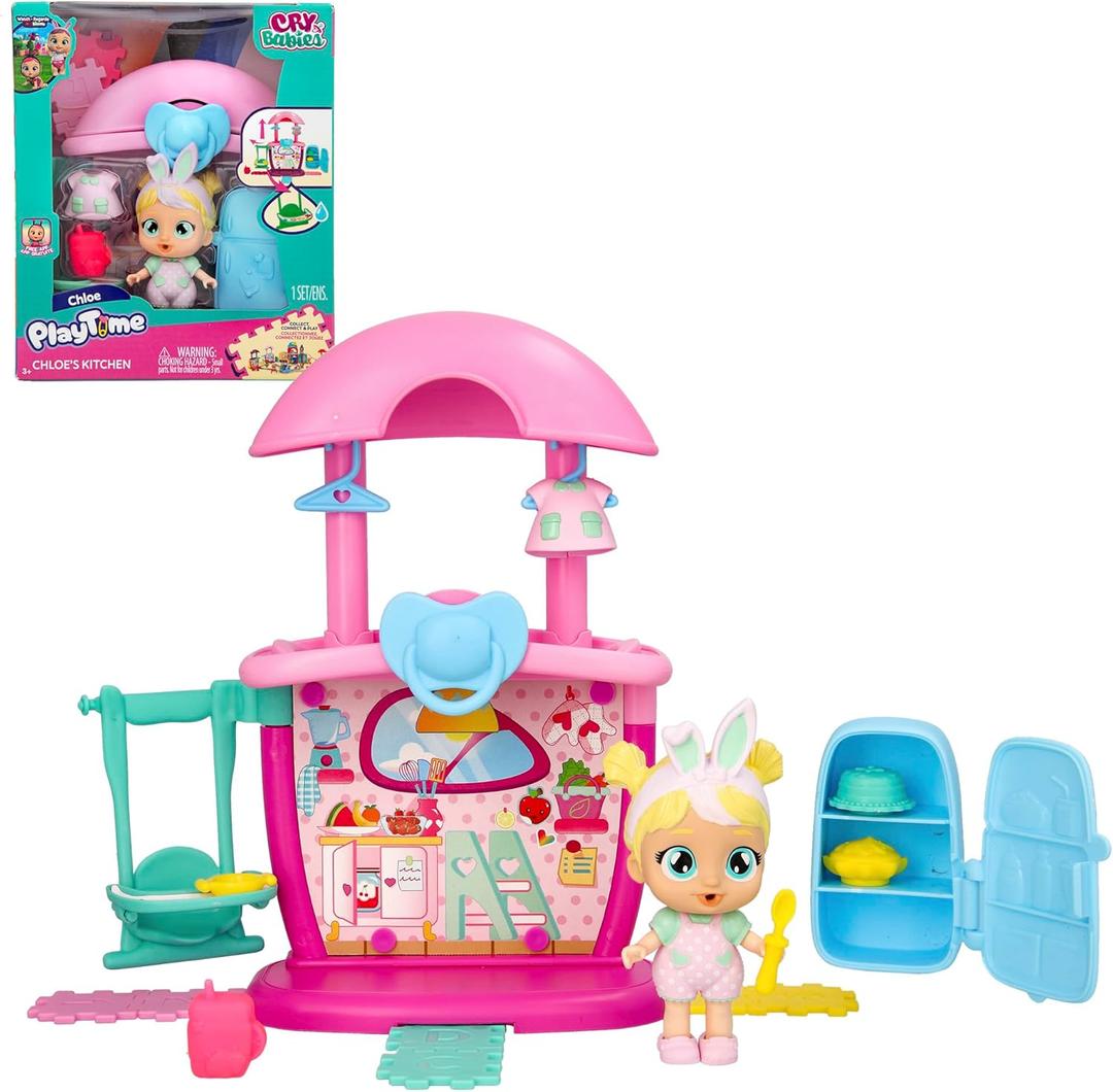 Cry Babies Playtime Chloe's Kitchen Playset with Collectible Doll and 4+ Accessories, Dollhouse Accessories, Holiday Toy, Great Gift for Kids Ages 4 5 6+ Years Old