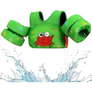 HeySplash Toddler Swim Vest, Kids Swim Vest Water Wings Swim Arm Band with Shoulder Strap and Secure Buckle for 33-70 lbs, Green Crab