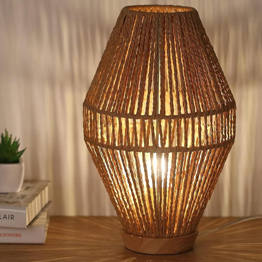 Boho Table Lamps for Bedroom & Living Room - Small Natural Woven Basket Lanterns with Paper String Shades (7.1"x10.6", Brown)