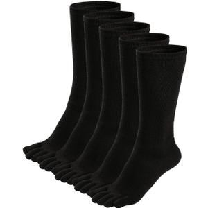 ZAKASA Mens Toe Socks Athletic Running Cushion Five Finger Cotton Crew Socks (Black, XL)