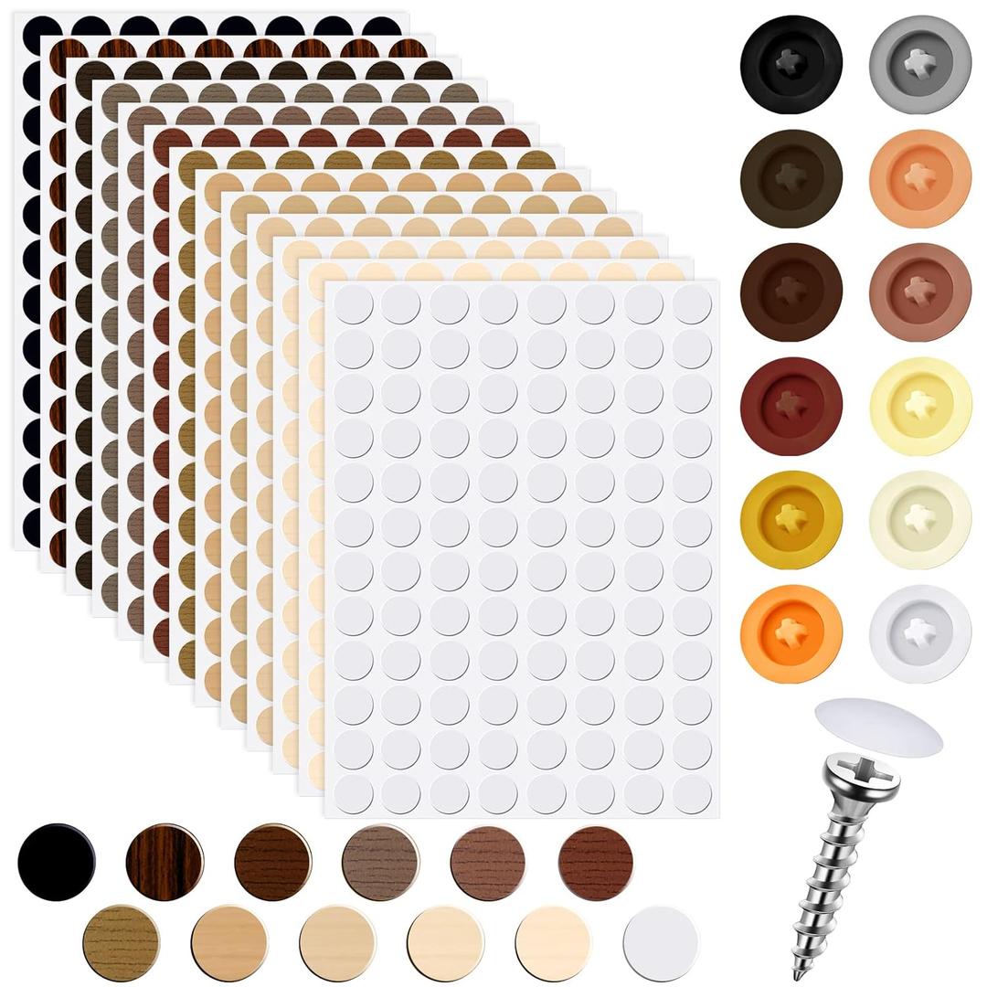 1152 Pcs Self-Adhesive Screw Hole Stickers and 120 Pcs Screw Cap Covers, 15 mm Waterproof Dustproof Self Tapping PVC Plastic Cap Cover Sticker for Wood Furniture Cabinets Wall Desk, 12 Colors