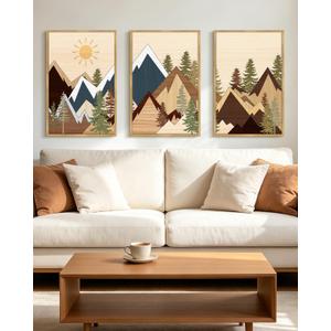 PHOPAGO Morden Mountains Framed Wall Art 16x24in Boho Woodcut Pine Tree Forest Nature Landscape Artwork Prints Bohemain Farmhouse Rustic Bedroom Living Room Decor - Natural Framed