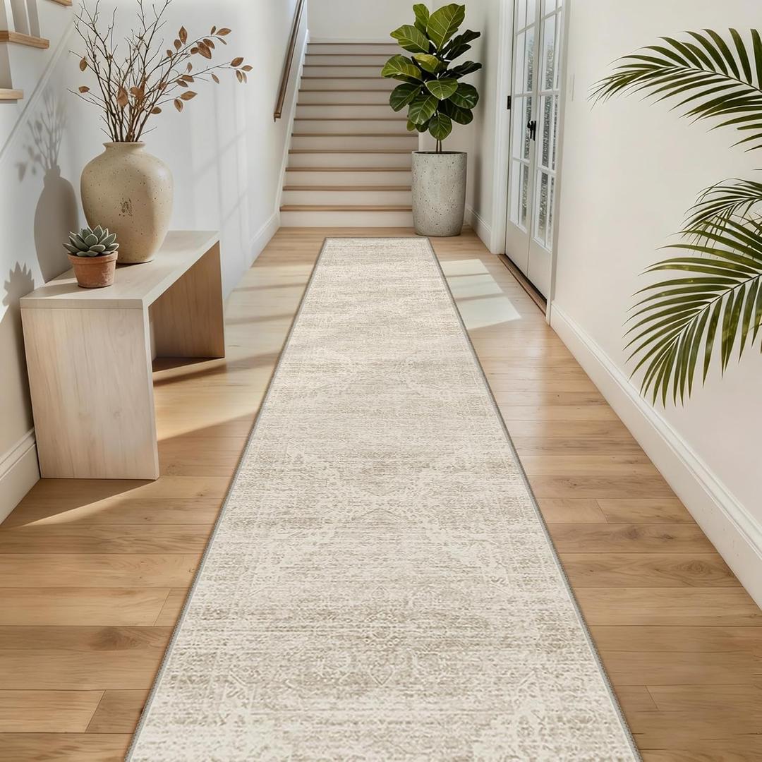 2x12 Runner Rug for Hallways Non-Slip Long Rug Runners,Boho Vintage Washable Kitchen Runner Rugs, Stain Resistant Soft Carpet Runners for Hallway 12ft Entryway Rug (Beige/Brown)