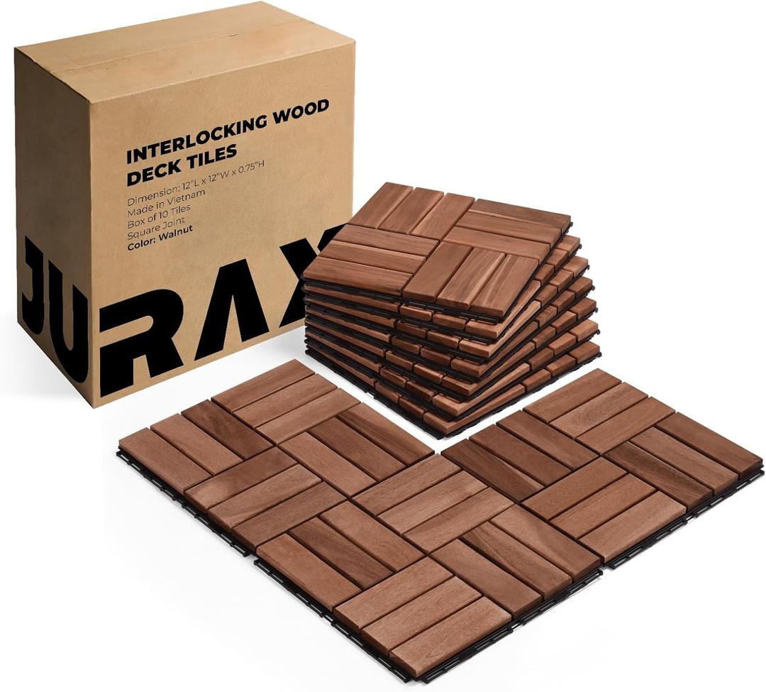 Premium Patio Deck Tiles, 10 PCs 12x12 Snap Together Wood Flooring for Outdoor, Balcony, Porch, Poolside, Waterproof All Weather (Walnut)