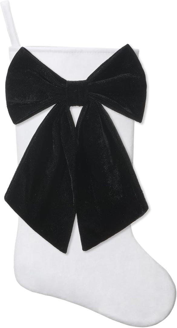 JKSVE 20 inch White Velvet Christmas Stocking, Large Decorative Bow Design, Holiday Party Decor for Fireplace Mantel Gifts,Black