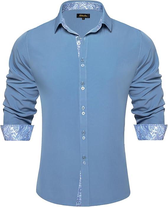 DiBanGu Men's Dress Shirt Long Sleeve Casual Button Down Shirts Regular Fit Inner Contrast Shirt for Business Party, L, Blue