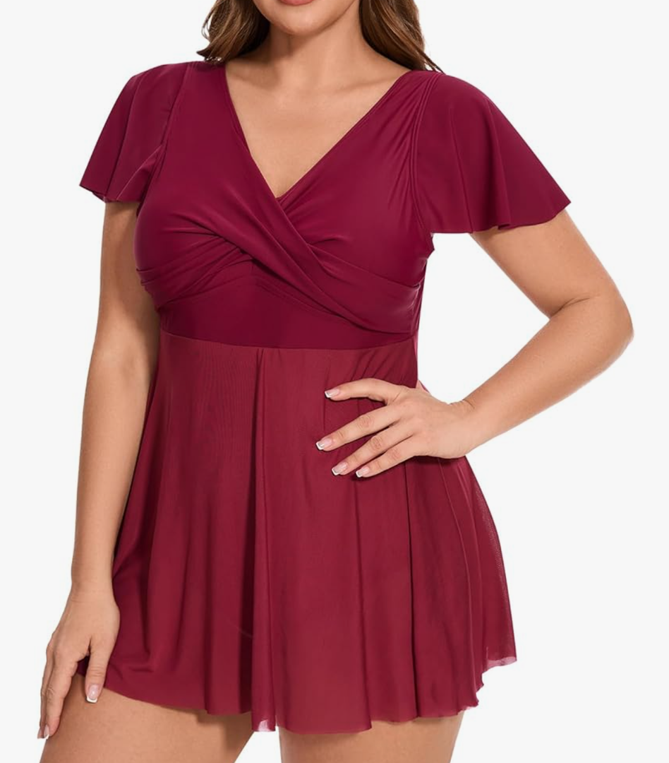 Women's Plus Size Swimsuit Ruffle Sleeve Swim Dress One Piece Tummy Control Bathing Suit V Neck Swimwear XXXL