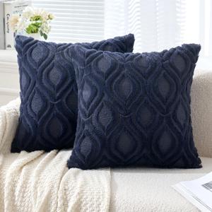 MIULEE Navy Blue Throw Pillow Covers 18x18 Inch, Soft Winter Plush Faux Wool Couch Pillow Covers Set of 2 Decorative Farmhouse Boho Throw Pillows for Sofa Living Room Bed