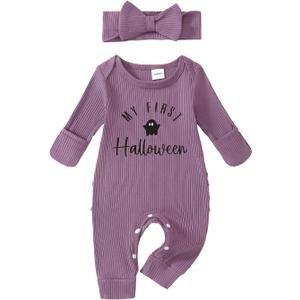 Noubeau Newborn Baby Girl Halloween Outfit Cutest Pumpkin Ribbed Romper Jumpsuit Headband Thanksgiving Clothes (Purple)