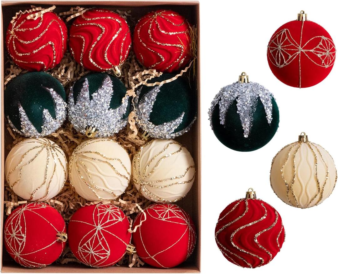 12 Pcs Velvet Christmas Ornaments 3.15-Inch Bulk Flocked Xmas Tree Bulbs Ornaments, Plastic Hanging Velvet Chritmas Balls Decorations for Xmas Tree Holiday Wedding Party, Assorted Colors