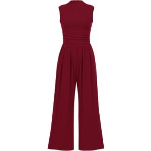 PRETTYGARDEN Womens Summer Jumpsuits Dressy Casual One Piece Outfits Sleeveless Mock Neck Wide Leg Pants Rompers with Pockets (XX-Large, Wine Red)