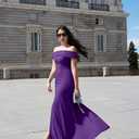 LAGSHIAN Women's Elegant Bodycon Off Shoulder Sleeveless High Split Ruched Long Formal Evening Dress (Purple, S)