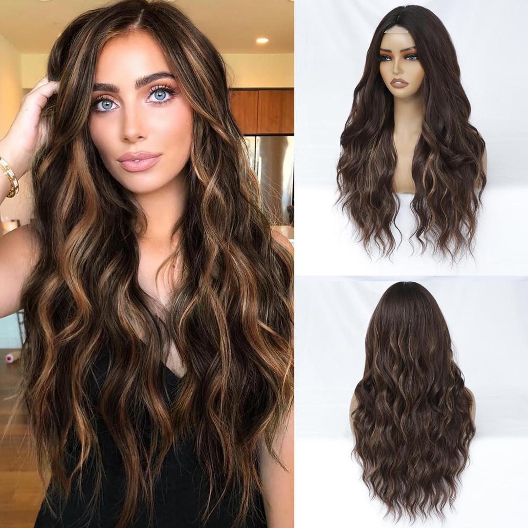 Brown Highlight Wig for Women Long Wavy Brown Wig Middle Part 26 Inch Wigs Heat Resistant Synthetic Wig for Daily Use