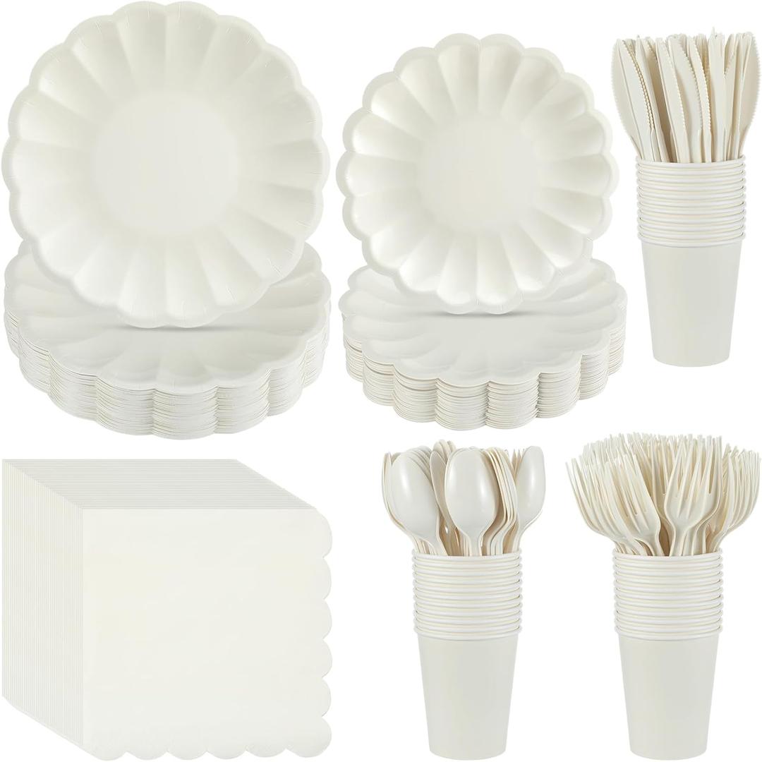 350 Pcs Scalloped Paper Plates Shell Edge Disposable Tableware Cocktail Napkins Cups Plastic Spoons Forks Knives for Wedding Baby Shower Picnic Birthday Party Supply for 50 Guests (Cream White)