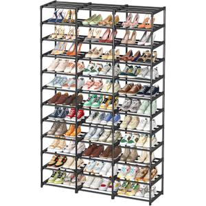 Shoe Rack Large Capacity 72 Pairs Tall Shoe Shelf, 3 Row 12 Tiers Sturdy Metal Shoe Organizer for Entryway, Closet, Bedroom, Black
