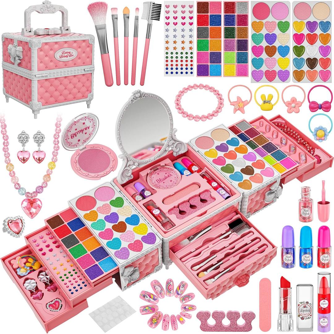 99 Pcs Kids Makeup Kit for Girls, Princess Toys Real Washable Cosmetics Set with Mirror,Rings, Necklace, Perfect for 3 4 5 6 7 8 Year Old Girls Birthday (Pink and White)