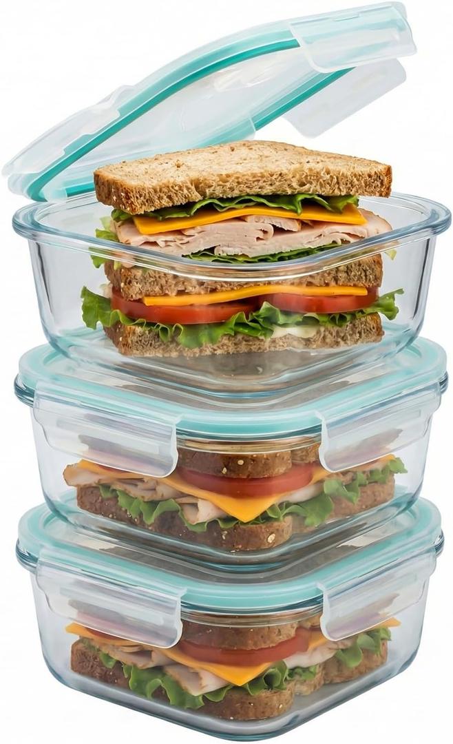 3 Pack Glass Sandwich Containers with Lids, 27 oz Reusable Glass Food Storage Containers, Airtight Lid with Vent, No Leak, Microwave and Freezer-Safe, Perfect for Work, Meal Prep and Everyday Storage
