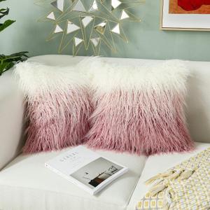 Kevin Textile Set of 2 Gradient Pink Valentine's Day Decorative New Luxury Series Merino Style Fur Throw Pillow Case Cushion Cover 18" x 18" 45cm x 45cm