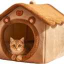 Cat Beds for Indoor Cats, Cute Bear Shape Cat Bed Cave, Pet House Cats Tent with Removable Cushion Pillow for Kittens Puppy Small Dogs (Brown, L-20.4 * 16.9 * 19.6in)