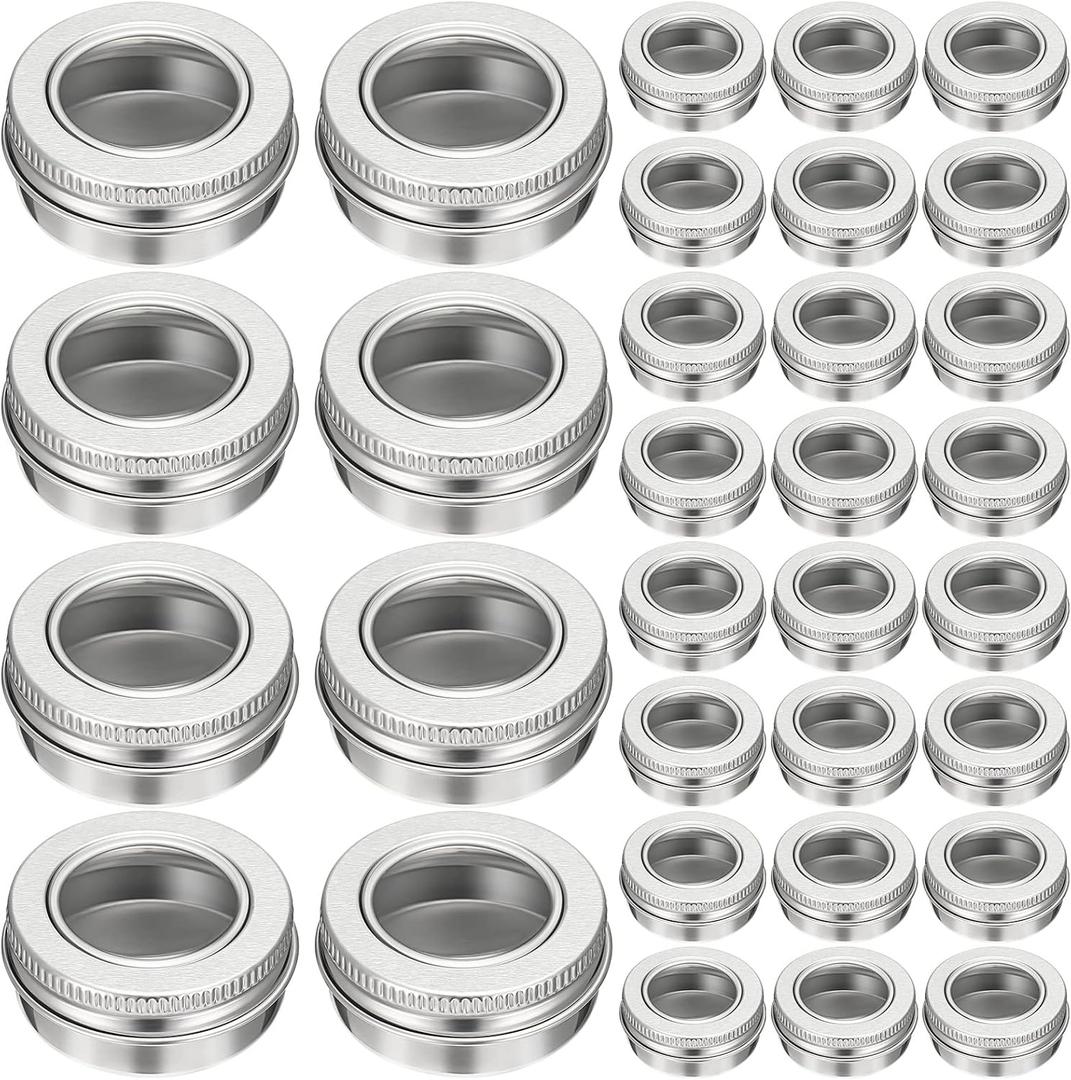 Zubebe 50 Pcs Aluminum Tin Jar Refillable Containers Clear Top Screw Lid Round Tin Container Bottle for Cosmetic, Cream, Diamond Painting, Salves, Balms, Lip Balm, Spices or Others, Silver (1 oz)