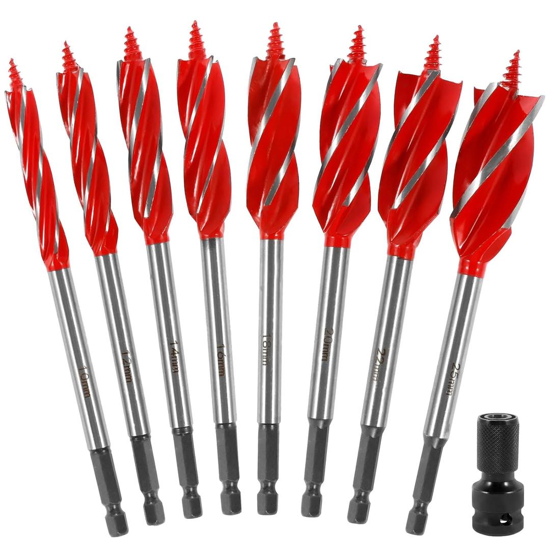 8Pcs Wood Auger Drill Bit Set, High Carbon Steel, 10/12/14/16/18/20/22/25mm, 1/4in Hex Shank, 4-Flute Spiral, Split Point, Suitable for Woodworking & Plastic
