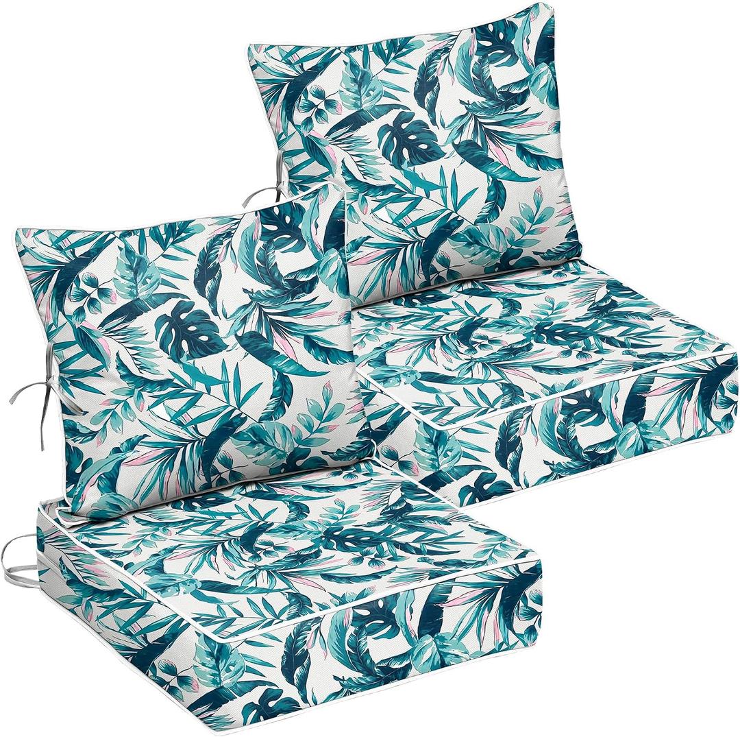 24x24 Outdoor Chair Cushions Set of 2, Waterproof Deep Seat Cushions for Patio Furniture with Removable Cover, Fade Resistant 4'' Outdoor Seat Cushion with Ties Handle for Wicker Sofa Couch, D20, 24x24x4in-2Set