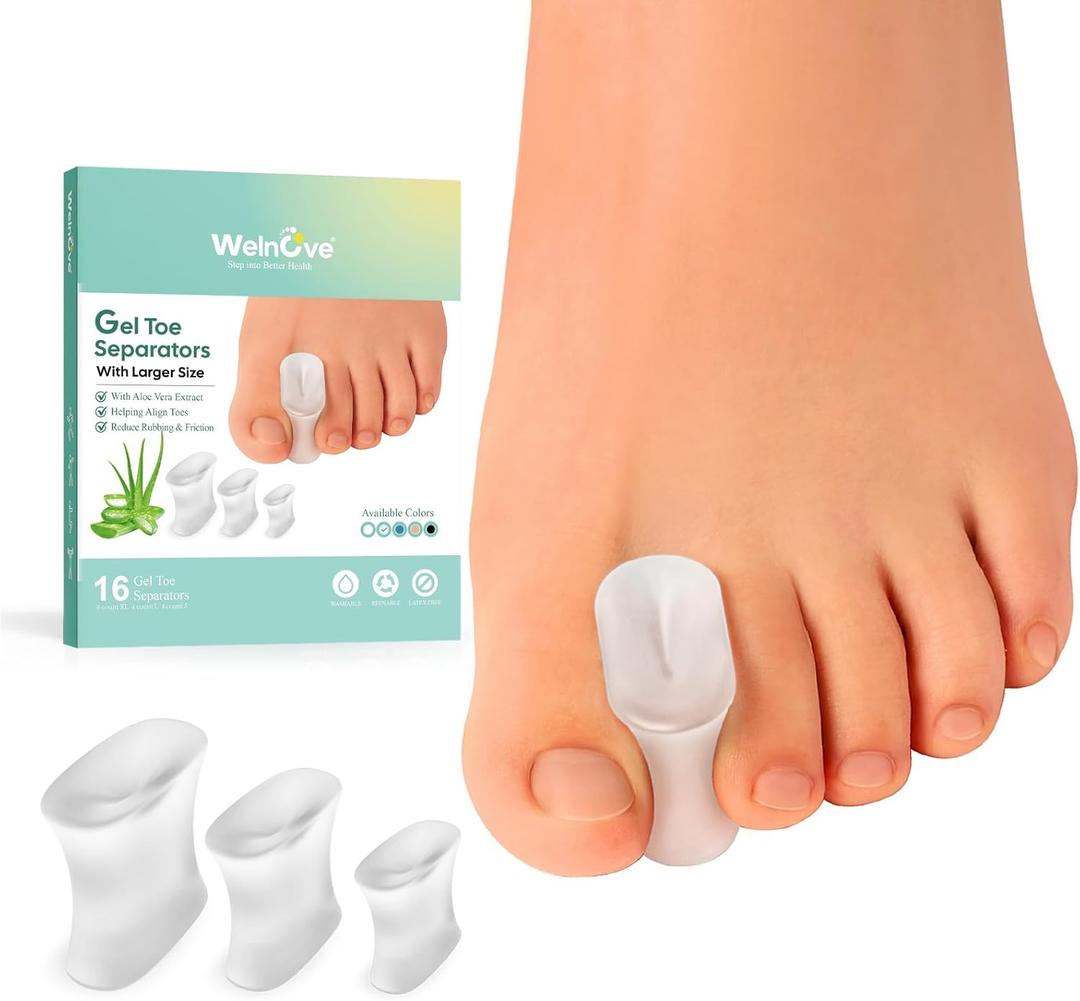 Welnove Upgraded Gel Toe Separators  16-Pack Aloe Vera Extract Infused Silicone Toe Spacers for Straightening Overlapping Toes, Bunions, Calluses  Bunion Corrector for Men and Women (3 Sizes)