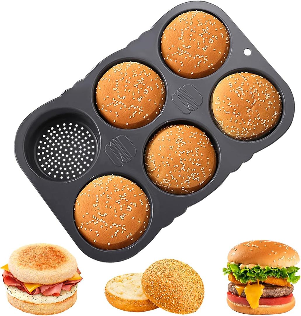 6-cavity Silicone Hamburger Bun Pan, Nonstick & Heat Resistant Burger Bun Pan, Bread Baking Pan for Hamburger Bun, English Muffin, Cinnamon Roll, Mini Sourdough, Bread Pans for Homemade Bread - Black