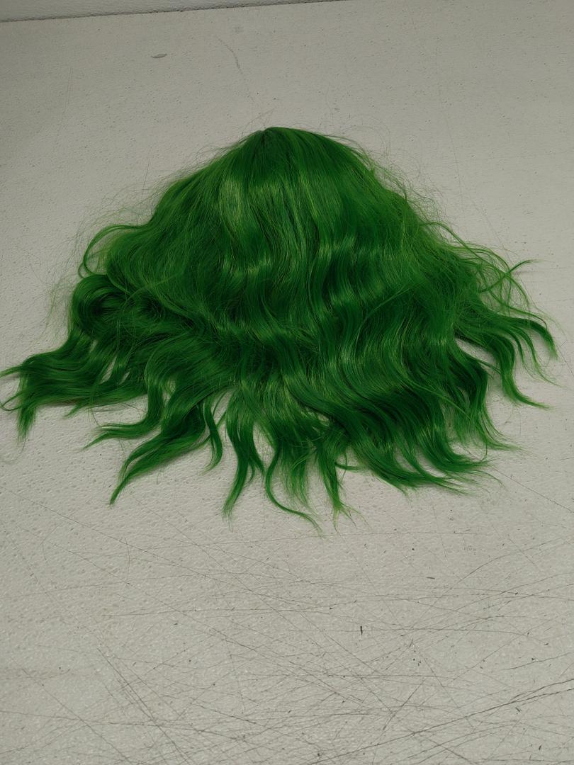 Green Bob Wig - Short Curly Wavy Wig with Bangs, Shoulder Length, Synthetic, Cosplay & Party Wigs, 14 inches