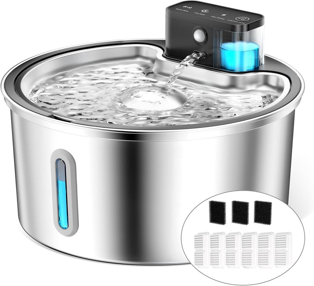Wireless Cat Water Fountain Stainless Steel - 3.2L/108oz Cordless Pet Water Fountain Battery Operated Cats Water Dispenser Silent Rechargeable Automatic Fountain with 6 Filters 3 Sponges (Silver)