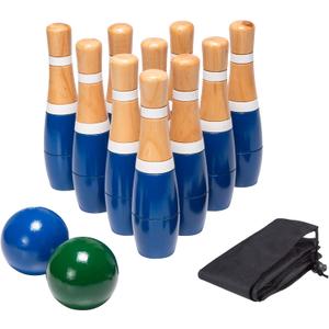HEY! PLAY! 13-Piece Wood Bowling Set - Indoor/Outdoor Bowling Game for Adults and Kids Ages 3 and Up - 10 Wood Pins, 2 Balls, and Carrying Bag (Blue)