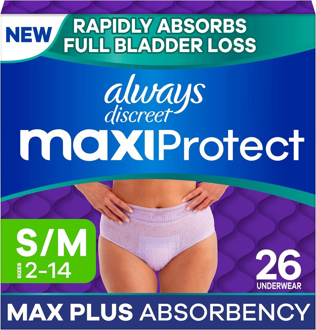 Always Discreet MaxiProtect Adult Diapers for Women, Incontinence Underwear, Scented, Postpartum Essentials, Bladder Leak Protection, Disposable Briefs, Maximum Plus Absorbency, Size S/M, 16 Count