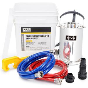 Tankless Water Heater Flushing Kit Includes 1/4HP Stainless Steel Sump Pump with Two Adapters & 3 Gallons Pail with Bucket Lid Opener & Two 1/2 Dia X 6 Hoses with Washers